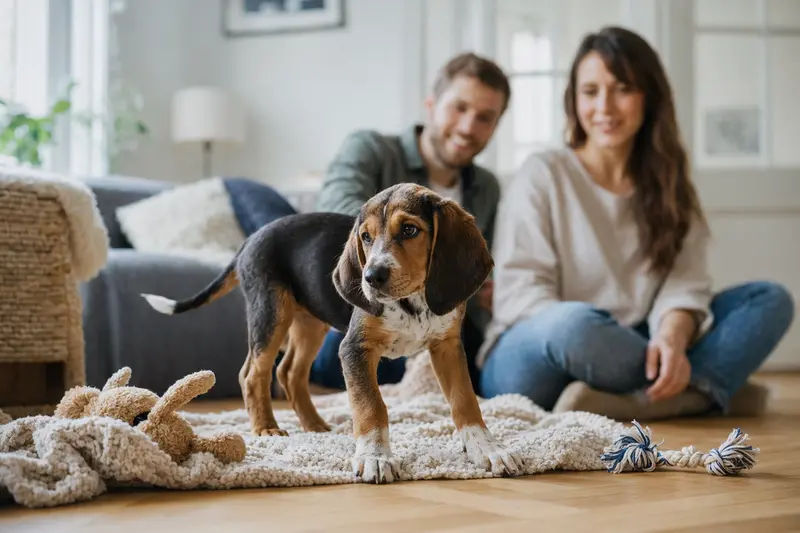 Ein junger Istrianer Bracke Welpe erkundet neugierig sein neues Zuhause mit einer weichen Decke und Spielzeug, während eine liebevolle Familie im Hintergrund zu sehen ist.