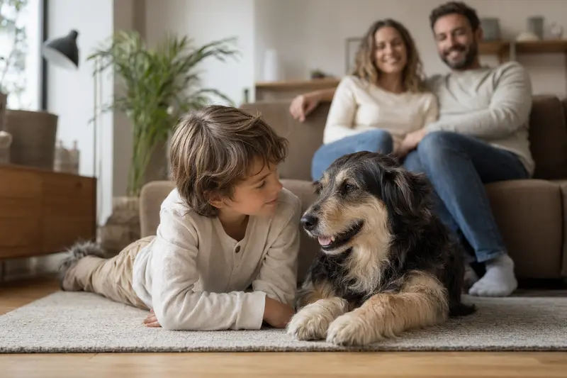 Ein Istrianer Schäferhund liegt entspannt neben einem Kind im Wohnzimmer, während die Eltern im Hintergrund eine warme Familienatmosphäre schaffen.