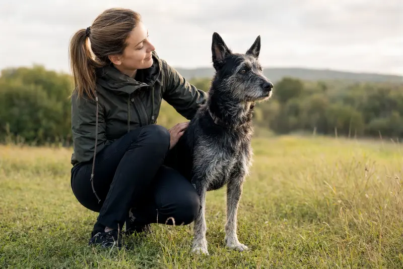 Ein Istrianer Schäferhund steht aufmerksam in natürlicher Haltung vor hellem Hintergrund.