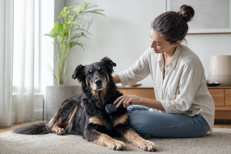 Ein Istrianer Schäferhund wird zuhause von seinem Besitzer sanft gebürstet, während die Fellpflege ruhig und liebevoll im hellen Wohnzimmer erfolgt.