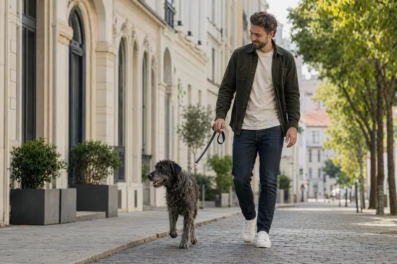 Istrianer Schäferhund läuft an der Leine mit seinem Besitzer durch eine moderne Stadtstraße im Alltag.