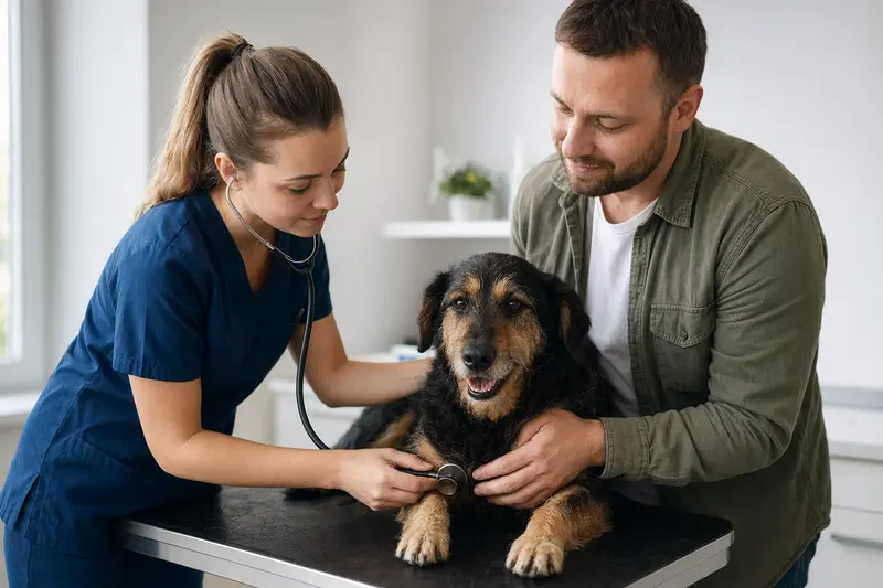 Eine Tierärztin untersucht einen ruhigen Istrianer Schäferhund mit dem Stethoskop in einer modernen Tierarztpraxis, während der Besitzer beruhigend neben ihm steht.