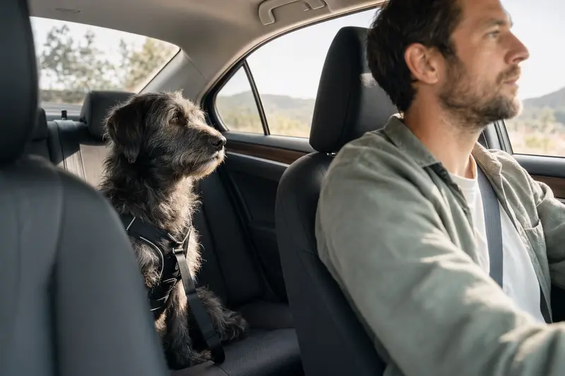 Istrianer Schäferhund sitzt sicher angeschnallt auf der Rückbank eines Autos, während der Besitzer ruhig fährt.