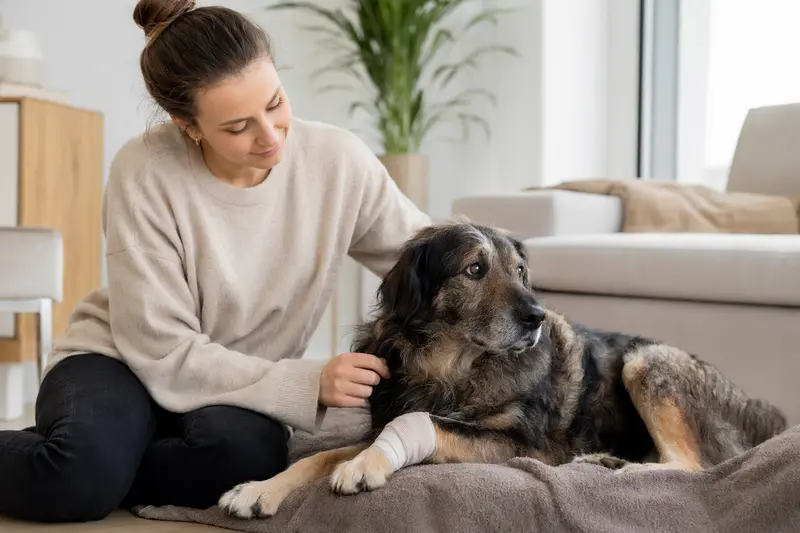 Istrianer Schäferhund mit leicht verbundenem Pfötchen liegt ruhig auf einer Decke, während sein Besitzer erleichtert neben ihm sitzt.