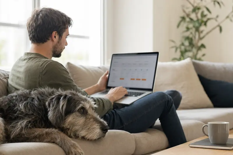 Ein Besitzer mit Laptop auf dem Sofa neben einem Istrianer Schäferhund, während er eine Versicherungsvergleichsseite betrachtet.