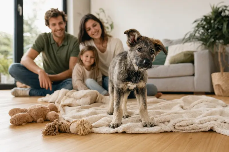 Ein junger Istrianer Schäferhund Welpe erkundet neugierig sein neues Zuhause in einer hellen Wohnung mit weicher Decke und Spielzeug.