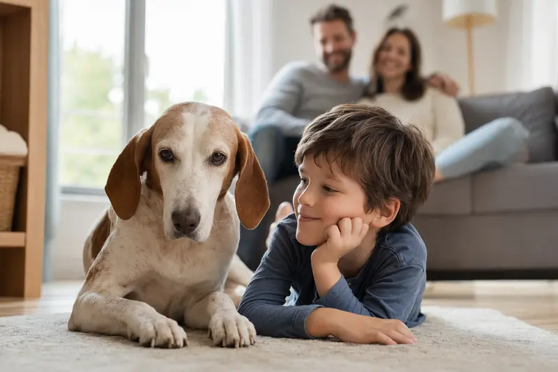 Italienische Bracke liegt entspannt neben einem Kind im Wohnzimmer, während die Eltern im Hintergrund eine warme Familienatmosphäre schaffen.