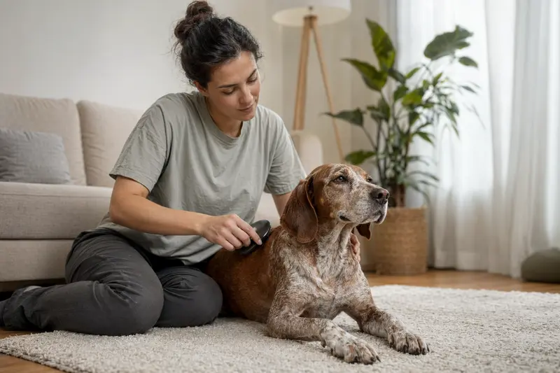 Ein Italienische Bracke Hund wird zuhause liebevoll gebürstet, was die sanfte Fellpflege und verantwortungsvolle Hundegesundheit zeigt.