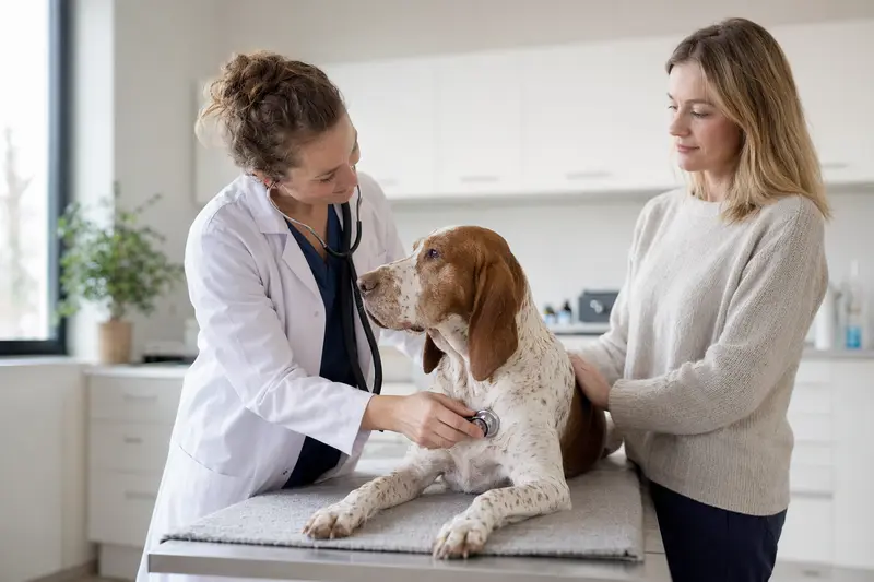 Eine freundliche Tierärztin untersucht einen ruhigen Italienischen Bracke Hund auf einem Untersuchungstisch in einer modernen Tierarztpraxis.