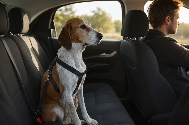 Ein Italienische Bracke Hund sitzt sicher ang Schnallt auf der Rückbank eines Autos, während sein Besitzer ruhig fährt.