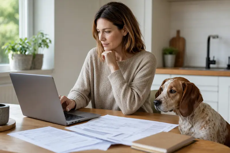 Ein Italienische Bracke Hund sitzt entspannt neben seinem Besitzer am Küchentisch mit Versicherungsunterlagen und einem Laptop.
