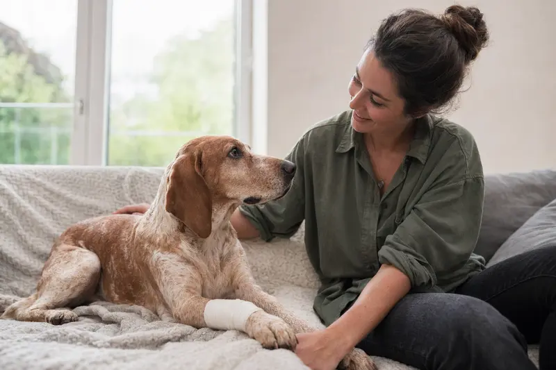 Ein entspannter Italienische Bracke Hund mit einem leichten Verband an der Pfote liegt neben seinem Besitzer in einer hellen Wohnung.