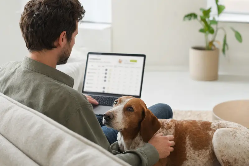 Hundebesitzer mit Italienischer Bracke setzt sich am Laptop, um Tierversicherungen zu vergleichen.