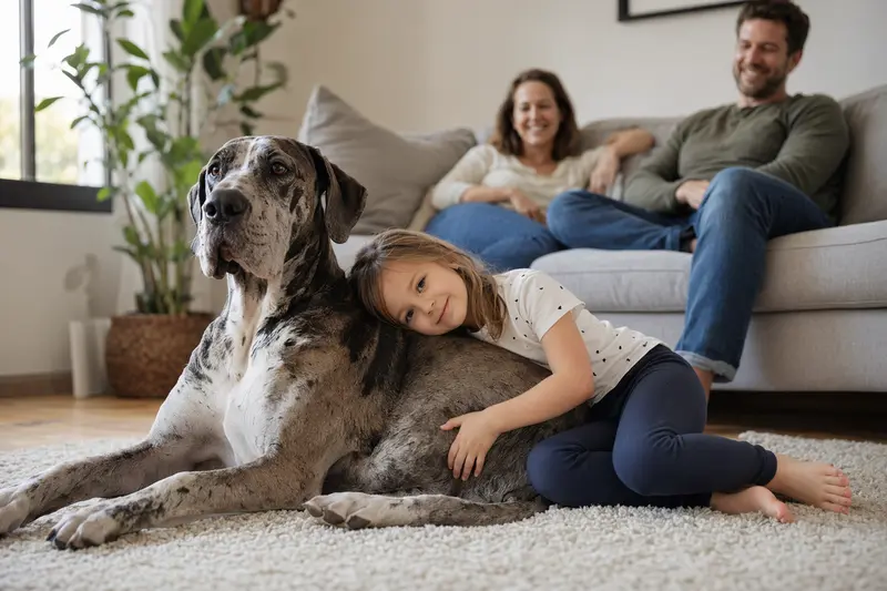 Freundliche Italienische Dogge liegt entspannt neben einem Kind im Wohnzimmer einer Familie.