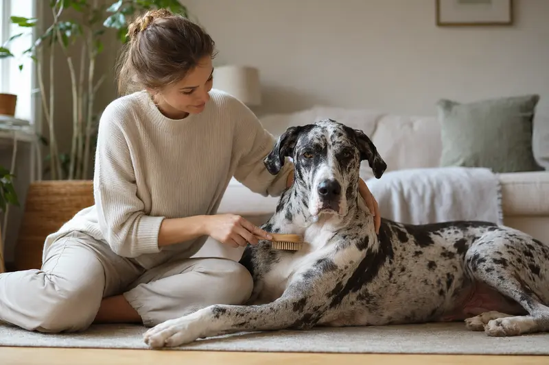 Eine Italienische Dogge wird in einer hellen Wohnung sanft gebürstet, während sich der Besitzer liebevoll um die Fellpflege kümmert.
