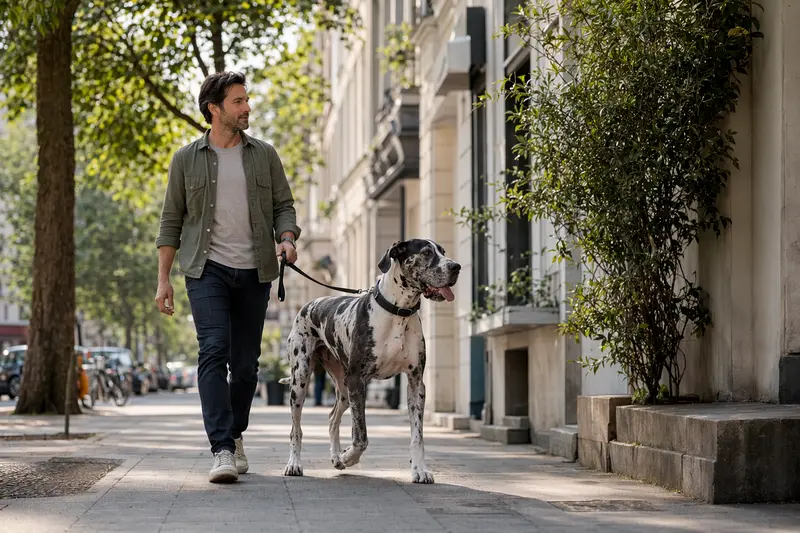 Italienische Dogge läuft an der Leine mit ihrem Besitzer durch eine freundliche moderne Stadtstraße.