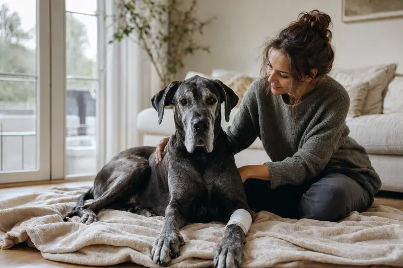 Ein entspannter Italienische Dogge mit leichtem Verband an der Pfote liegt auf einer Decke, während sein Besitzer entspannt daneben sitzt.
