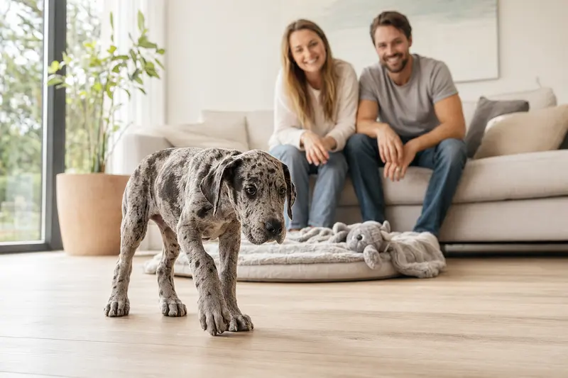 Ein neugieriger Italienische Dogge Welpe entdeckt sein neues Zuhause mit einer liebevollen Familie im Hintergrund.