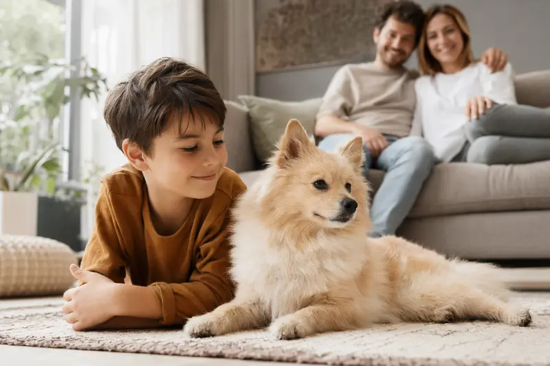 Ein Italienischer Kleinspitz liegt entspannt neben einem Kind im Wohnzimmer in einer sicheren Familienatmosphäre.