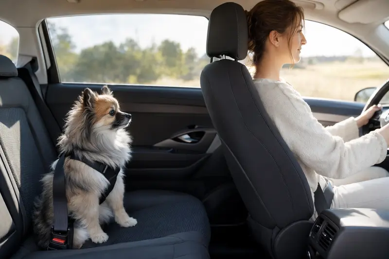 Ein Italienischer Kleinspitz Hund sitzt angeschnallt auf der Rückbank eines Autos und genießt die sichere Fahrt.