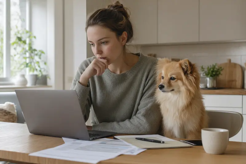 Ein Italienischer Kleinspitz Hund sitzt ruhig neben seinem Besitzer am Küchentisch, wo Versicherungsunterlagen und ein Laptop liegen.