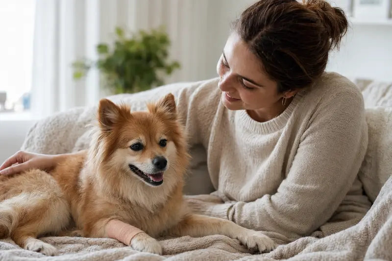 Ein Italienischer Kleinspitz Hund mit Verband an der Pfote liegt entspannt auf einer Decke neben seinem Besitzer.