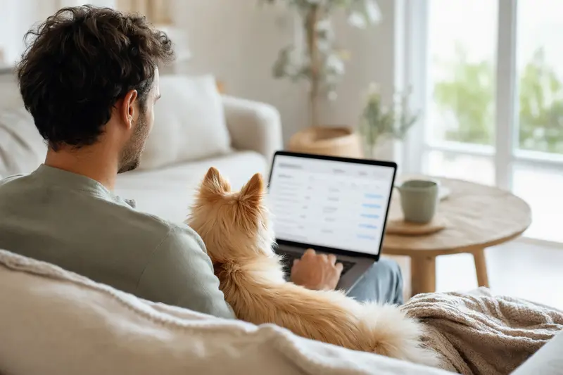 Ein Hund und sein Besitzer sitzen auf dem Sofa mit einem Laptop, während sie eine Versicherungsoberfläche betrachten.