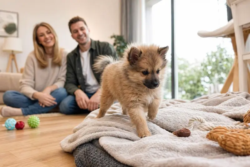Ein neugieriger Italienischer Kleinspitz Welpe erkundet sein neues Zuhause mit weicher Decke und Spielzeug.