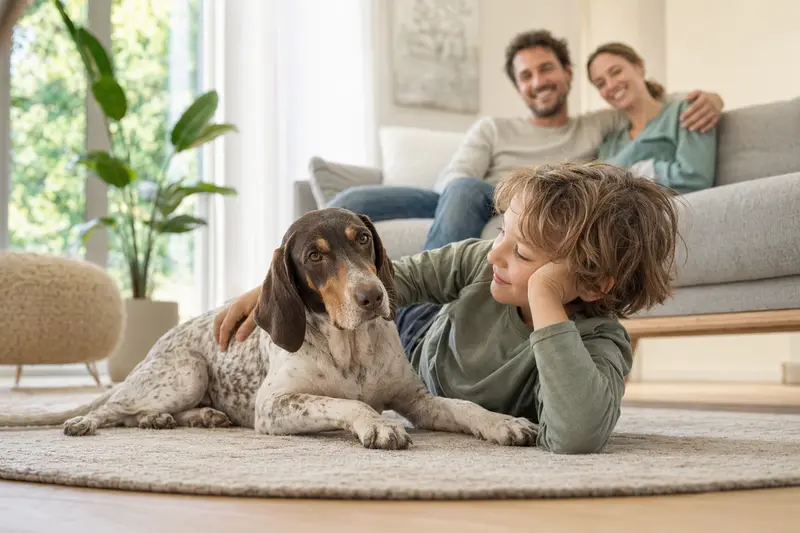 Ein freundlicher Italienischer Laufhund liegt entspannt neben einem Kind im Wohnzimmer, während die Eltern im Hintergrund eine sichere und warme Familienatmosphäre schaffen.