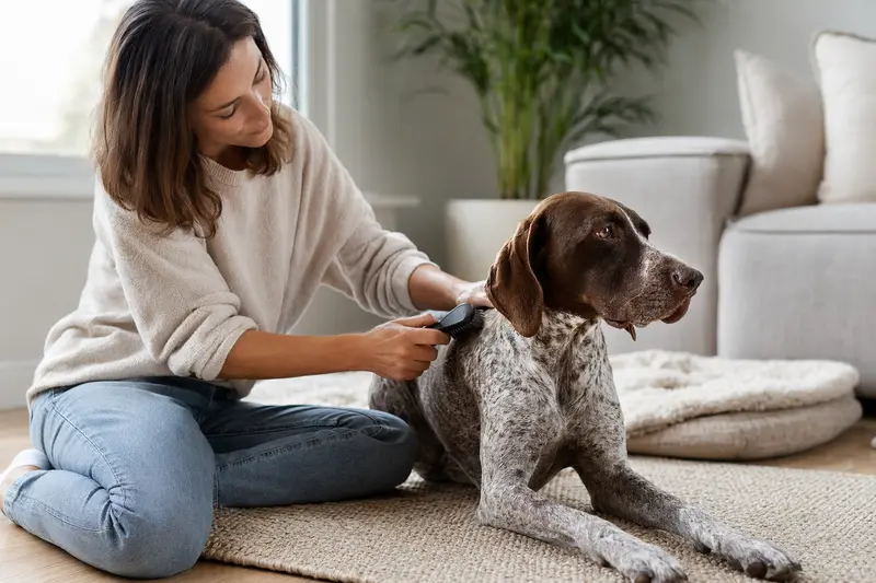 Ein Italienischer Laufhund wird in einer hellen Wohnung sanft gebürstet, während sein Besitzer die Fellpflege liebevoll übernimmt.