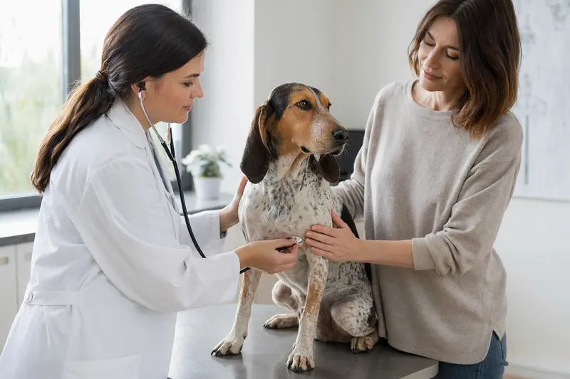 Eine freundliche Tierärztin untersucht einen ruhigen Italienischen Laufhund mit dem Stethoskop auf dem Untersuchungstisch in einer hellen Tierarztpraxis.