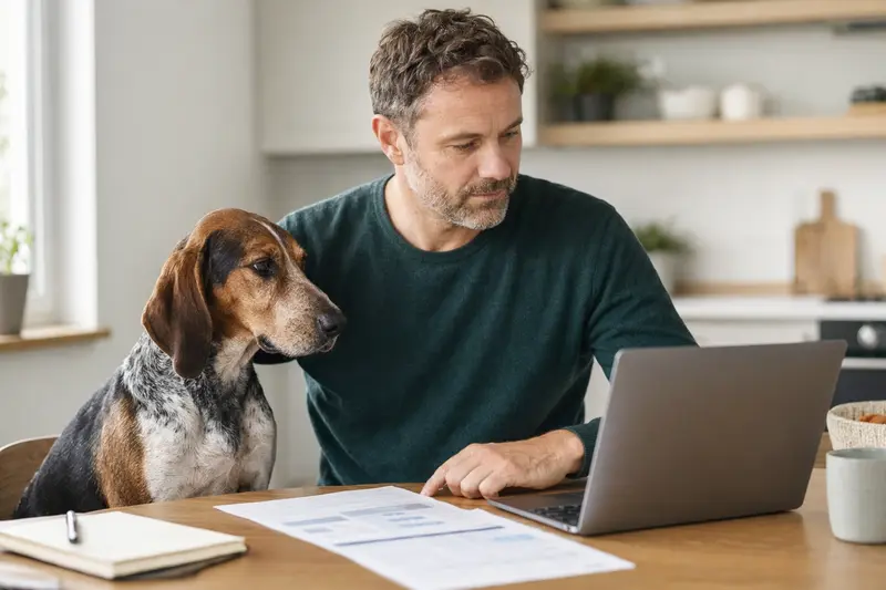 Ein Italienischer Laufhund sitzt ruhig neben seinem Besitzer am Küchentisch mit Versicherungsunterlagen und Laptop, passend zum Thema Hundeversicherung.