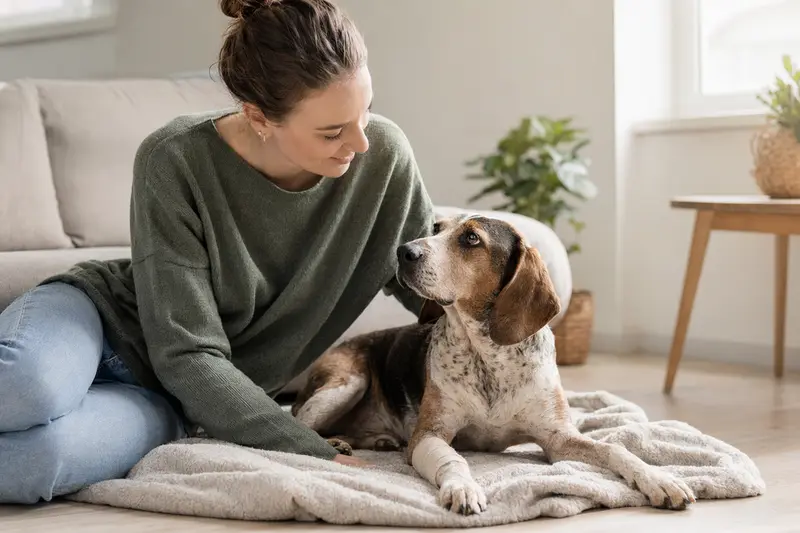 Ein Italienischer Laufhund mit leicht verbundenem Pfotenverband liegt ruhig auf einer Decke, während sein Besitzer erleichtert neben ihm sitzt.