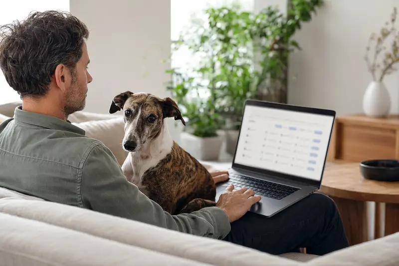 Ein Hundebesitzer arbeitet am Laptop auf dem Sofa, während ein Italienischer Laufhund entspannt daneben liegt, was eine sichere Entscheidung für eine Tierversicherung symbolisiert.