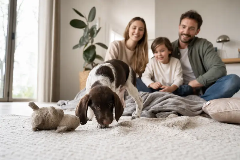 Ein junger Italienischer Laufhund-Welpe entdeckt neugierig sein neues Zuhause mit weicher Decke und Spielzeug in einer hellen Wohnung.