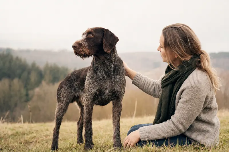 Italienischer Rauhhaariger Vorstehhund steht aufmerksam in natürlicher Haltung vor hellem neutralem Hintergrund.