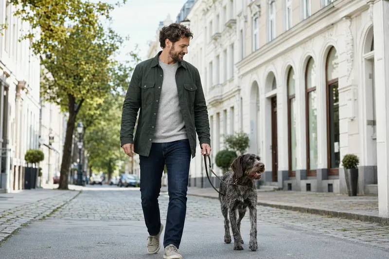 Italienischer Rauhhaariger Vorstehhund läuft an der Leine mit seinem Besitzer durch eine moderne Stadtstraße.