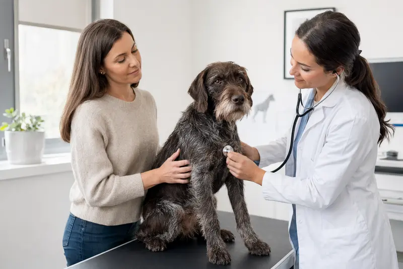 Ein Italienischer Rauhhaariger Vorstehhund wird behutsam von einer Tierärztin mit einem Stethoskop in einer modernen Praxis untersucht.