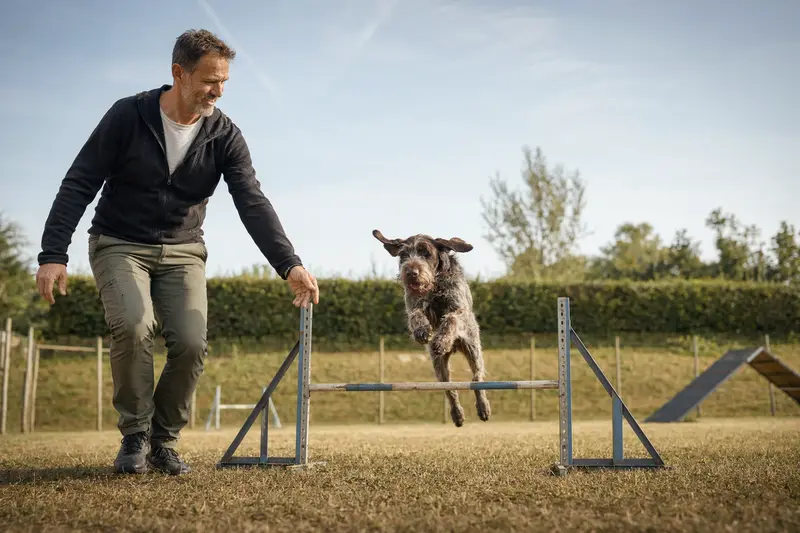 Italienischer Rauhhaariger Vorstehhund trainiert fröhlich mit seinem Besitzer über eine kleine Hürde auf dem Hundeplatz.