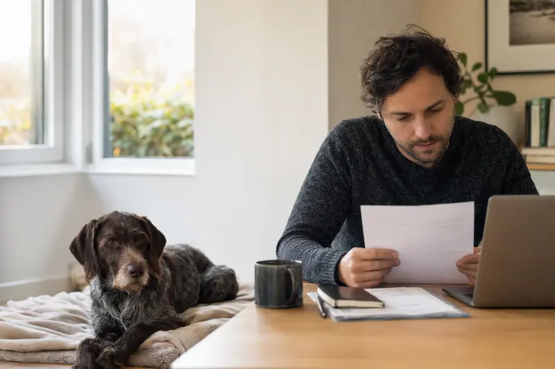 Ein Hundehalter sitzt mit einer Tierarztrechnung am Tisch, während sein entspannter Italienischer Rauhhaariger Vorstehhund auf einer Decke neben ihm liegt.