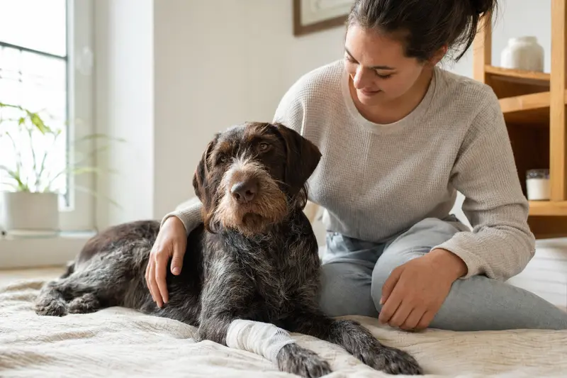 Ein italienischer Rauhhaariger Vorstehhund liegt entspannt auf einer Decke, während sein Besitzer neben ihm sitzt und erleichtert wirkt.