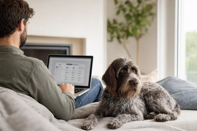 Ein Besitzer sitzt mit Laptop auf dem Sofa, während ein italienischer Rauhhaariger Vorstehhund neben ihm liegt. Der Bildschirm zeigt eine neutrale Versicherungsvergleichsseite.