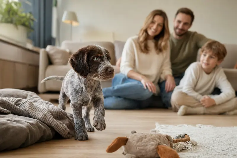 Ein neugieriger italienischer Rauhhaariger Vorstehhund Welpe erkundet sein neues Zuhause mit einer liebevollen Familie im Hintergrund.