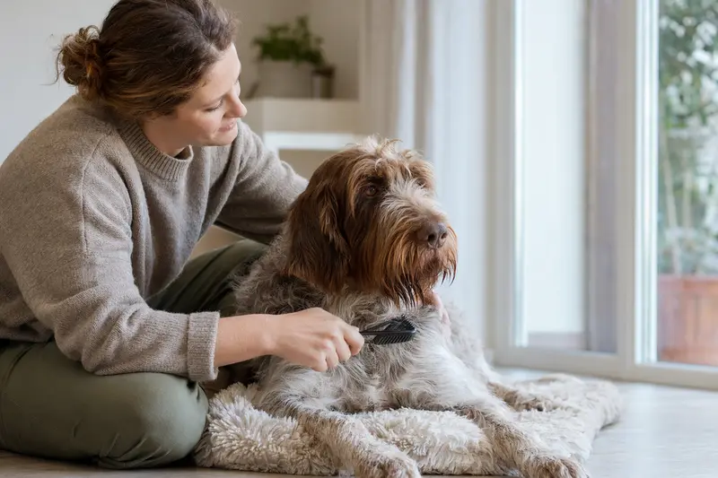 Ein Italienischer Spinone wird in einer hellen Wohnung liebevoll gebürstet, während sein Besitzer sich um die Fellpflege kümmert.