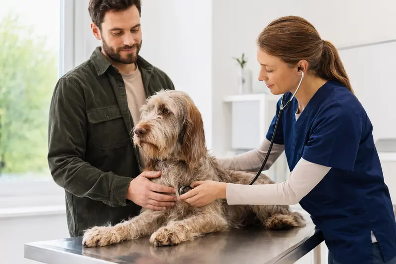 Ein Italienischer Spinone wird von einer Tierärztin mit dem Stethoskop in einer modernen Tierarztpraxis untersucht, während der Besitzer beruhigend danebensteht.