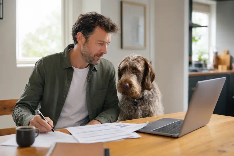 Ein Italienischer Spinone sitzt ruhig neben seinem Besitzer am Küchentisch, während Versicherungsunterlagen und ein Laptop mit einer Vergleichsseite sichtbar sind.