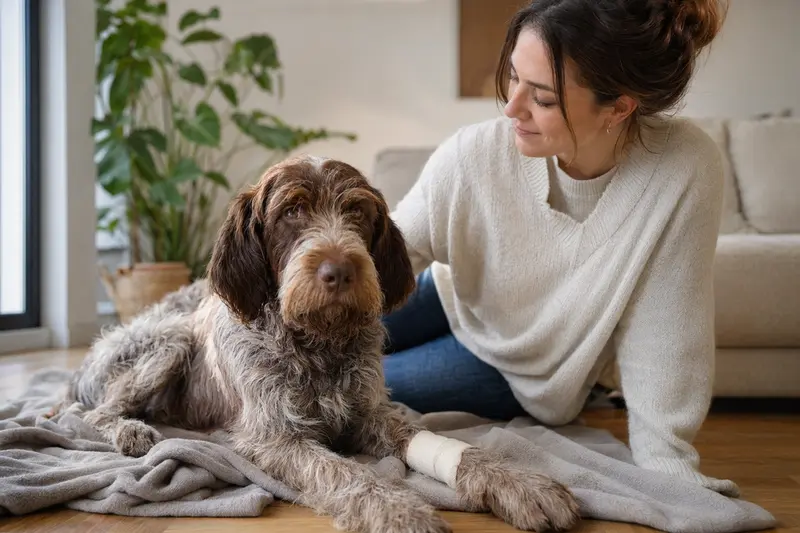 Italienischer Spinone mit leicht verbundenem Pfötchen liegt ruhig auf einer Decke, während sein Besitzer erleichtert daneben sitzt.