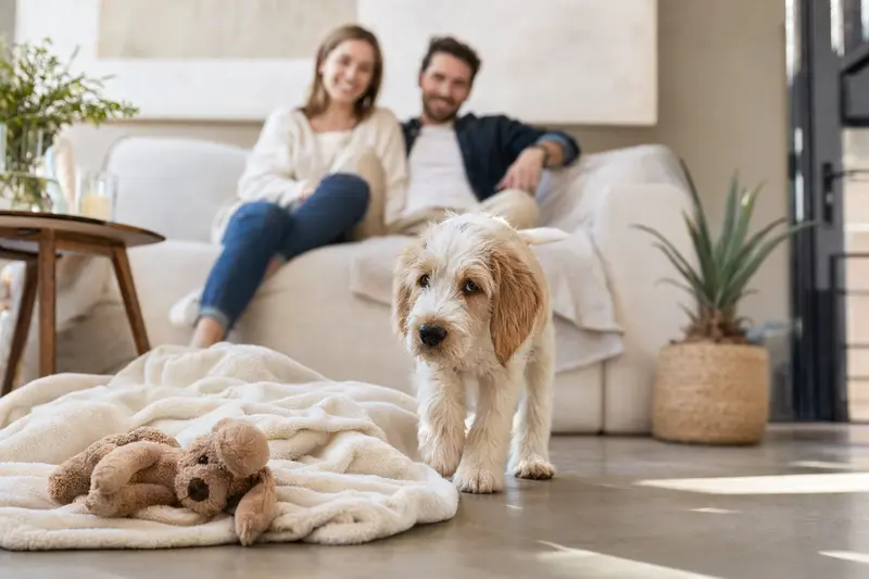 Ein junger Italienischer Spinone Welpe erkundet neugierig sein neues Zuhause mit weicher Decke und Spielzeug im Vordergrund, während seine Familie im Hintergrund zu sehen ist.