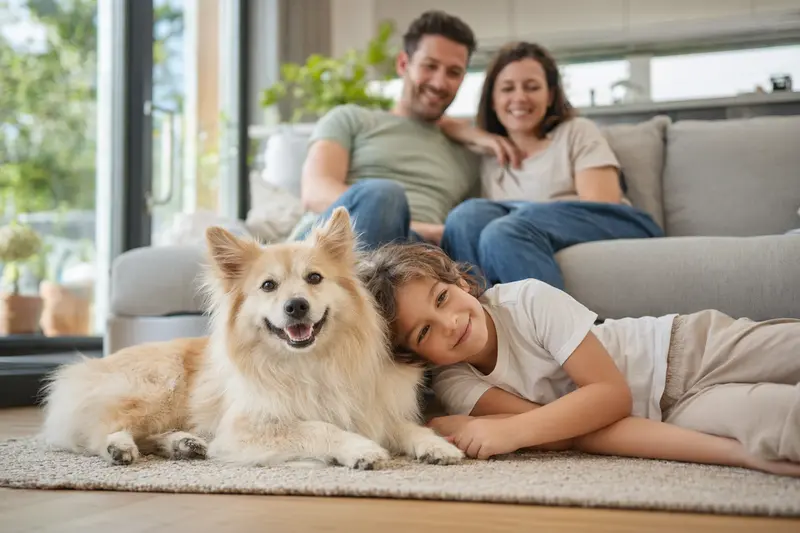 Ein Italienischer Spitz liegt entspannt neben einem Kind im hellen Wohnzimmer, während die Eltern im Hintergrund eine sichere Familienatmosphäre schaffen.