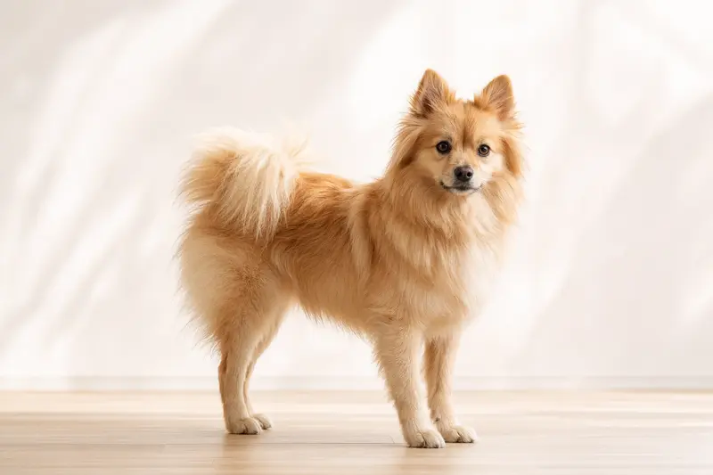 Ein aufmerksamer Italienischer Spitz Hund steht in natürlicher Haltung vor hellem Hintergrund und zeigt die typische Fellstruktur der Rasse.